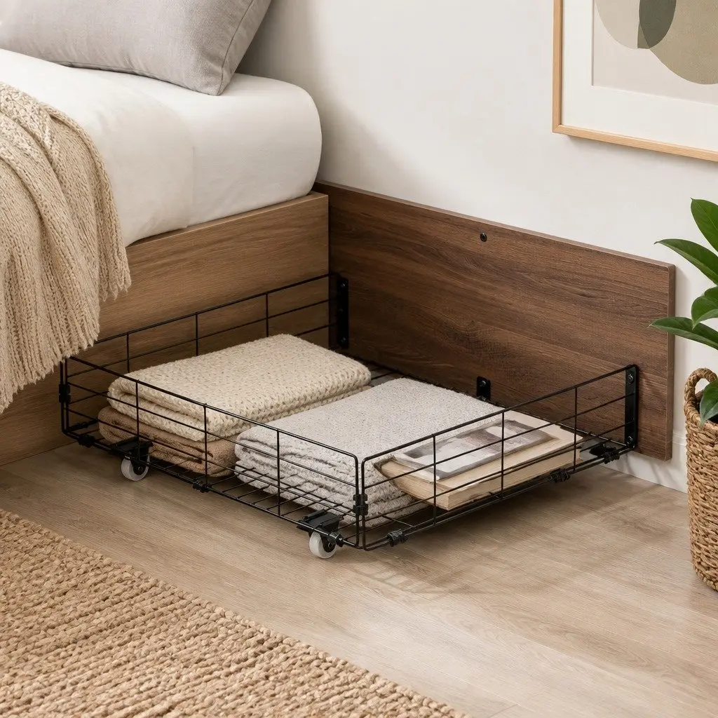 Metal Trundle Drawers Under Bed Organiser Walnut Black 2 Piece Metal Frame MDF Board