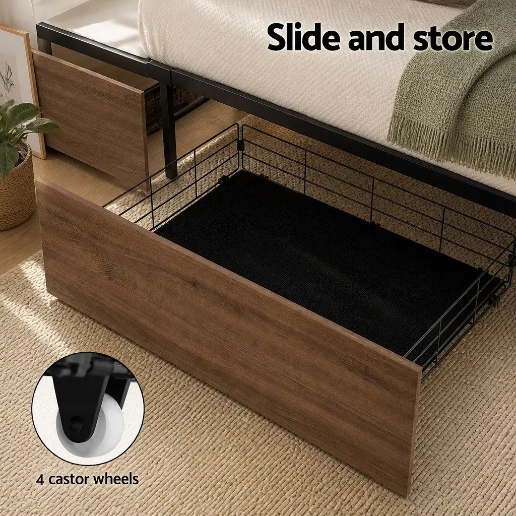 Metal Trundle Drawers Under Bed Organiser Walnut Black 2 Piece Metal Frame MDF Board