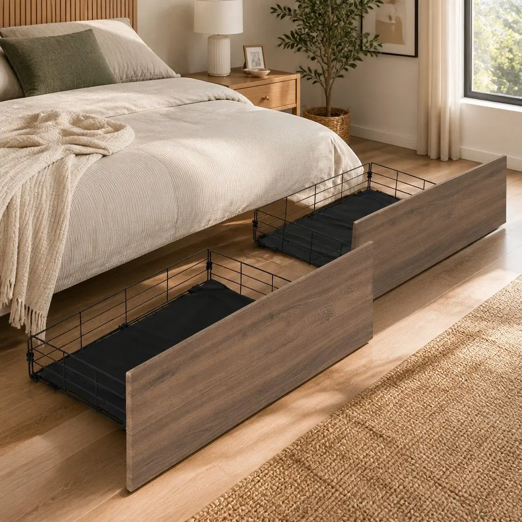 Metal Trundle Drawers Under Bed Organiser Walnut Black 2 Piece Metal Frame MDF Board
