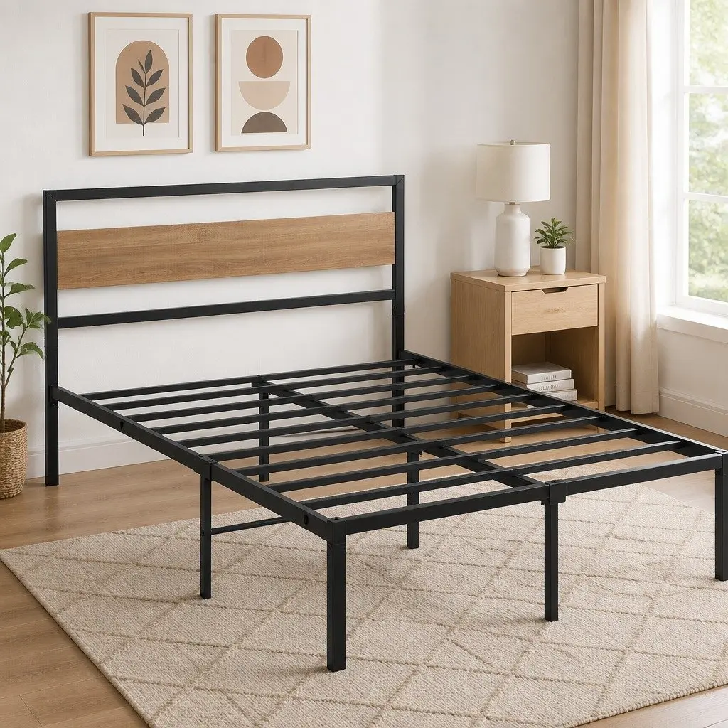 Double Size Bed Frame Metal Base Black Industrial Style Mattress Platform