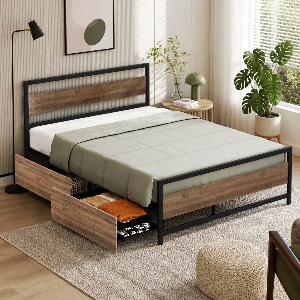 Double Bed Frame Industrial Style Metal with Storage Drawers Black and Walnut