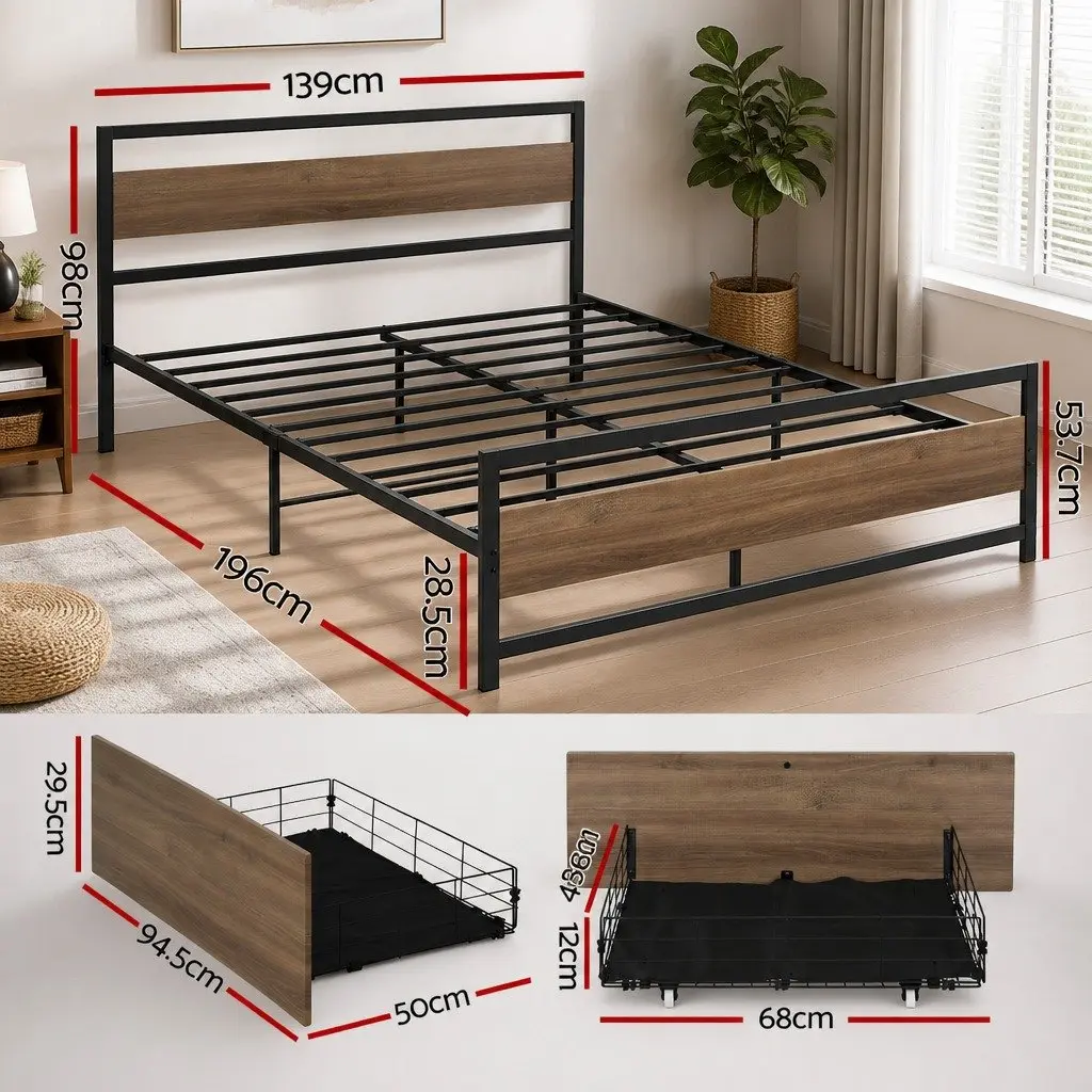 Double Bed Frame Industrial Style Metal with Storage Drawers Black and Walnut