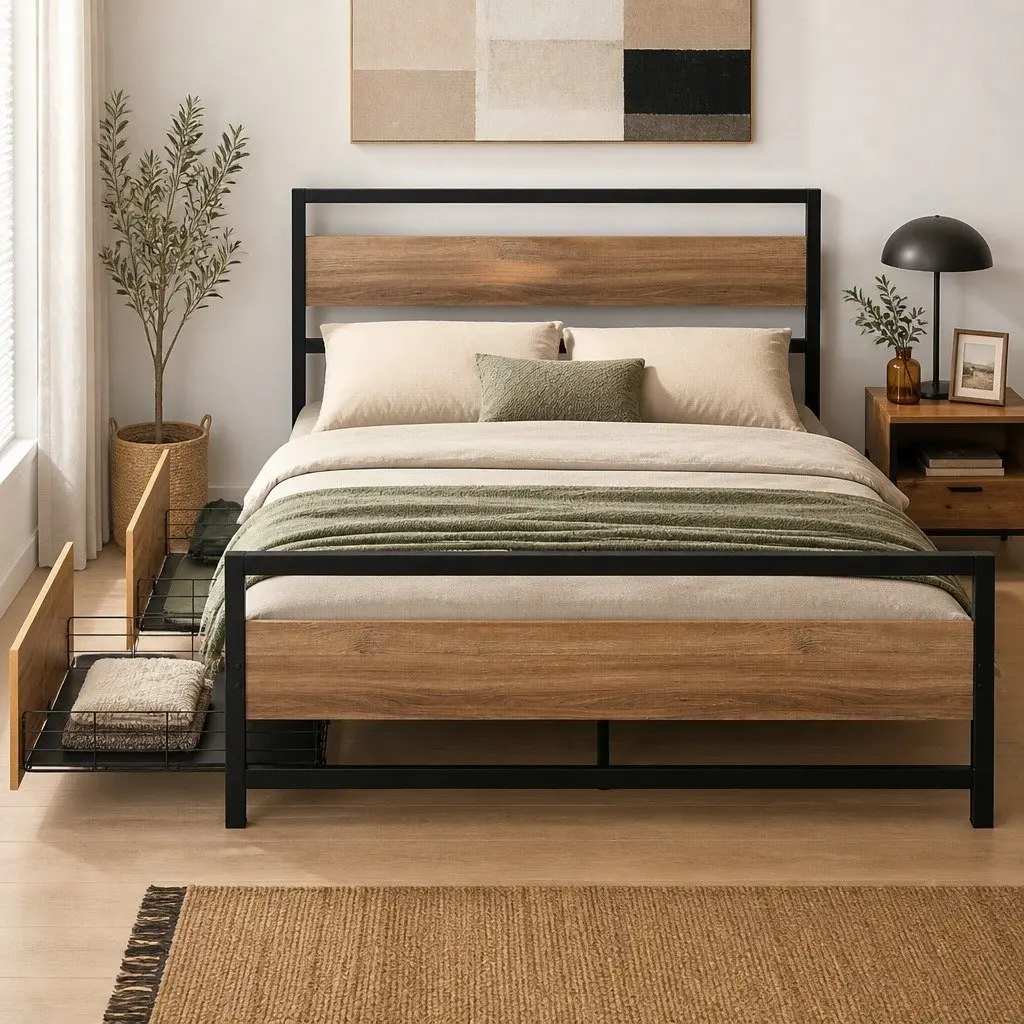 Double Bed Frame Industrial Style Metal with Storage Drawers Black and Walnut