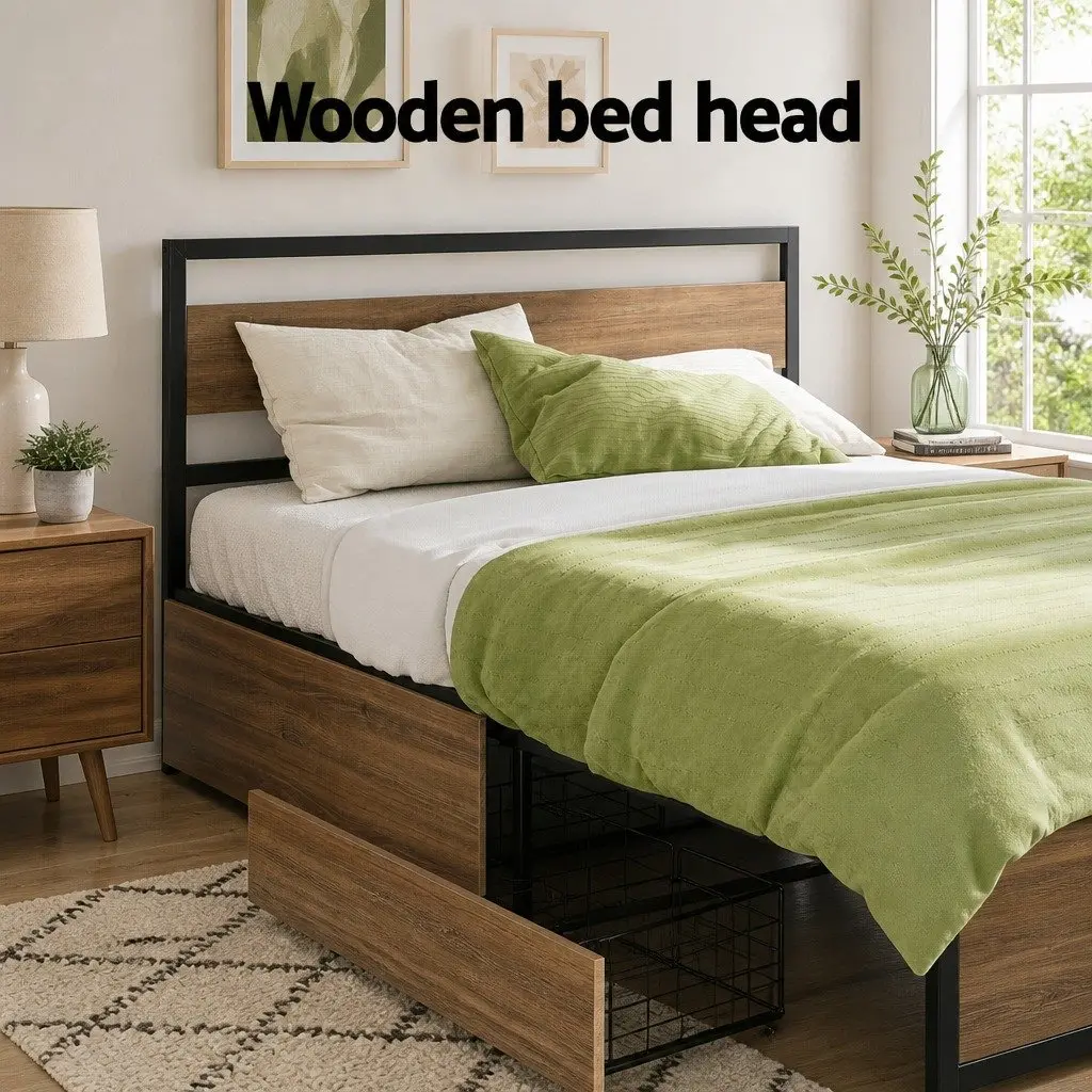 Double Bed Frame Industrial Style Metal with Storage Drawers Black and Walnut