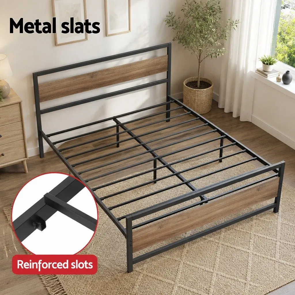 Double Bed Frame Industrial Style Metal with Storage Drawers Black and Walnut