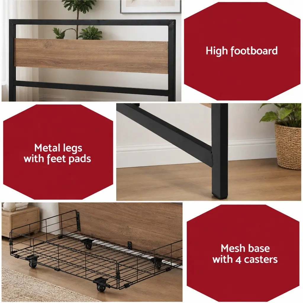 Double Bed Frame Industrial Style Metal with Storage Drawers Black and Walnut
