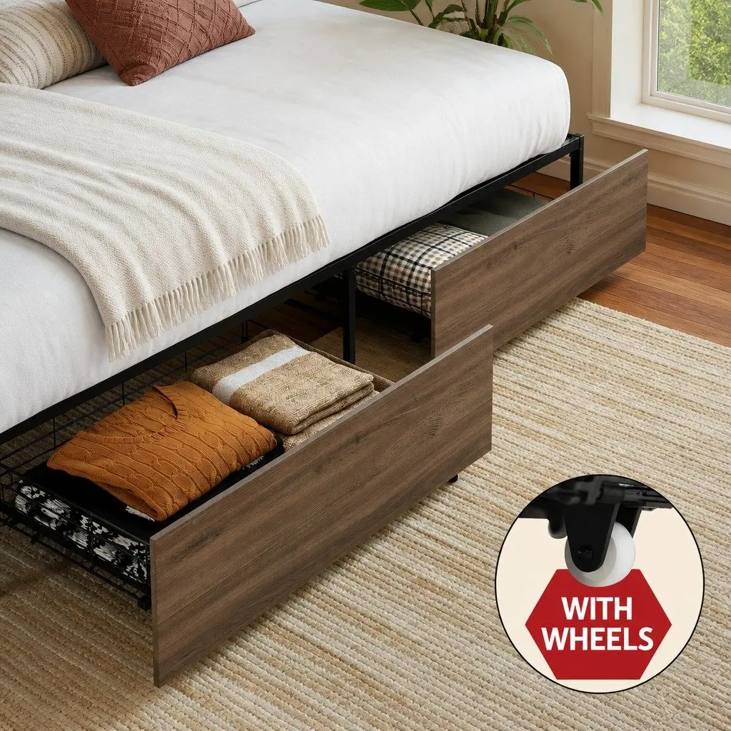 Double Bed Frame Industrial Style Metal with Storage Drawers Black and Walnut