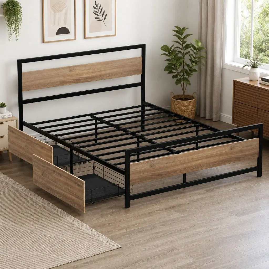 Double Bed Frame Industrial Style Metal with Storage Drawers Black and Walnut