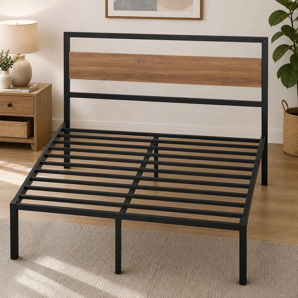 Queen Size Metal Bed Frame with MDF Headboard