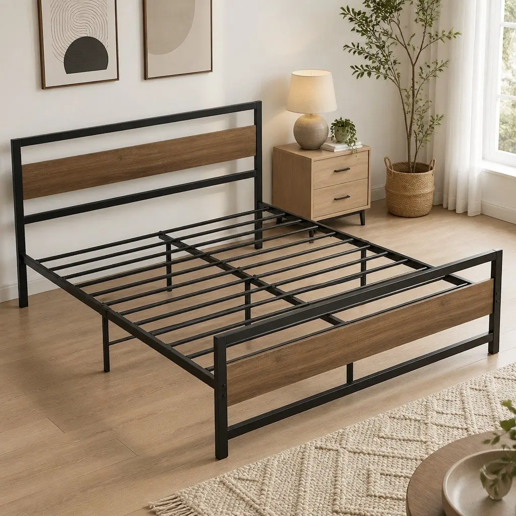 Queen Size Metal Bed Frame with MDF Headboard