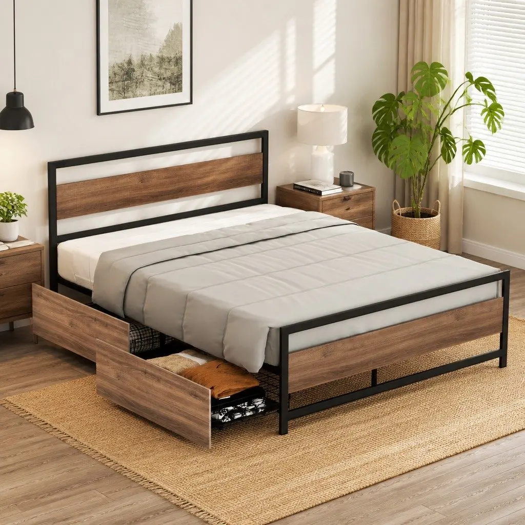 Queen Bed Frame with Metal Storage Drawers