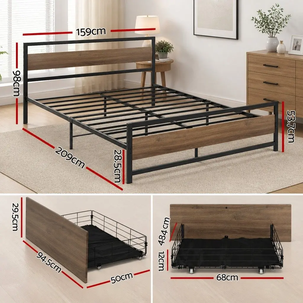 Queen Bed Frame with Metal Storage Drawers