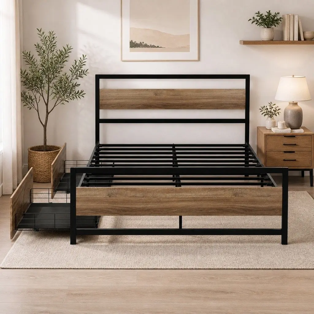 Queen Bed Frame with Metal Storage Drawers