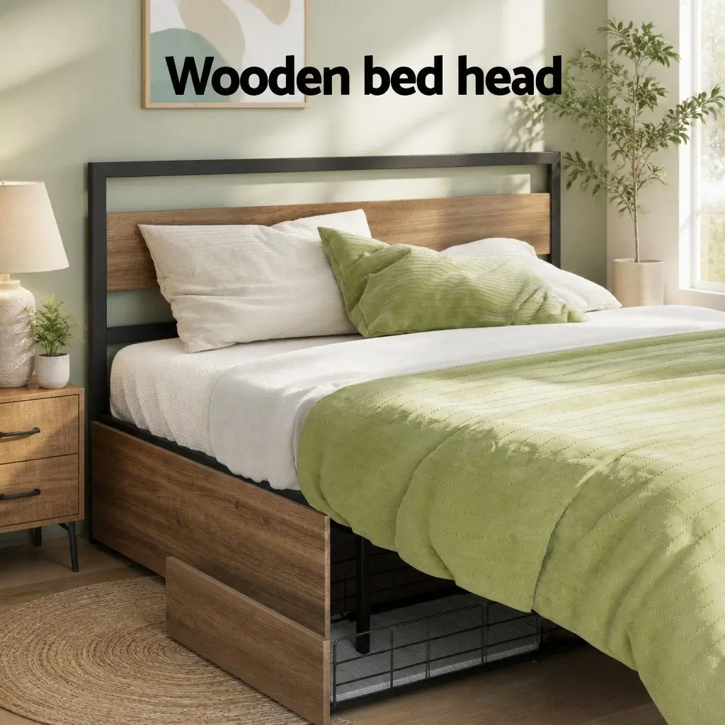 Queen Bed Frame with Metal Storage Drawers
