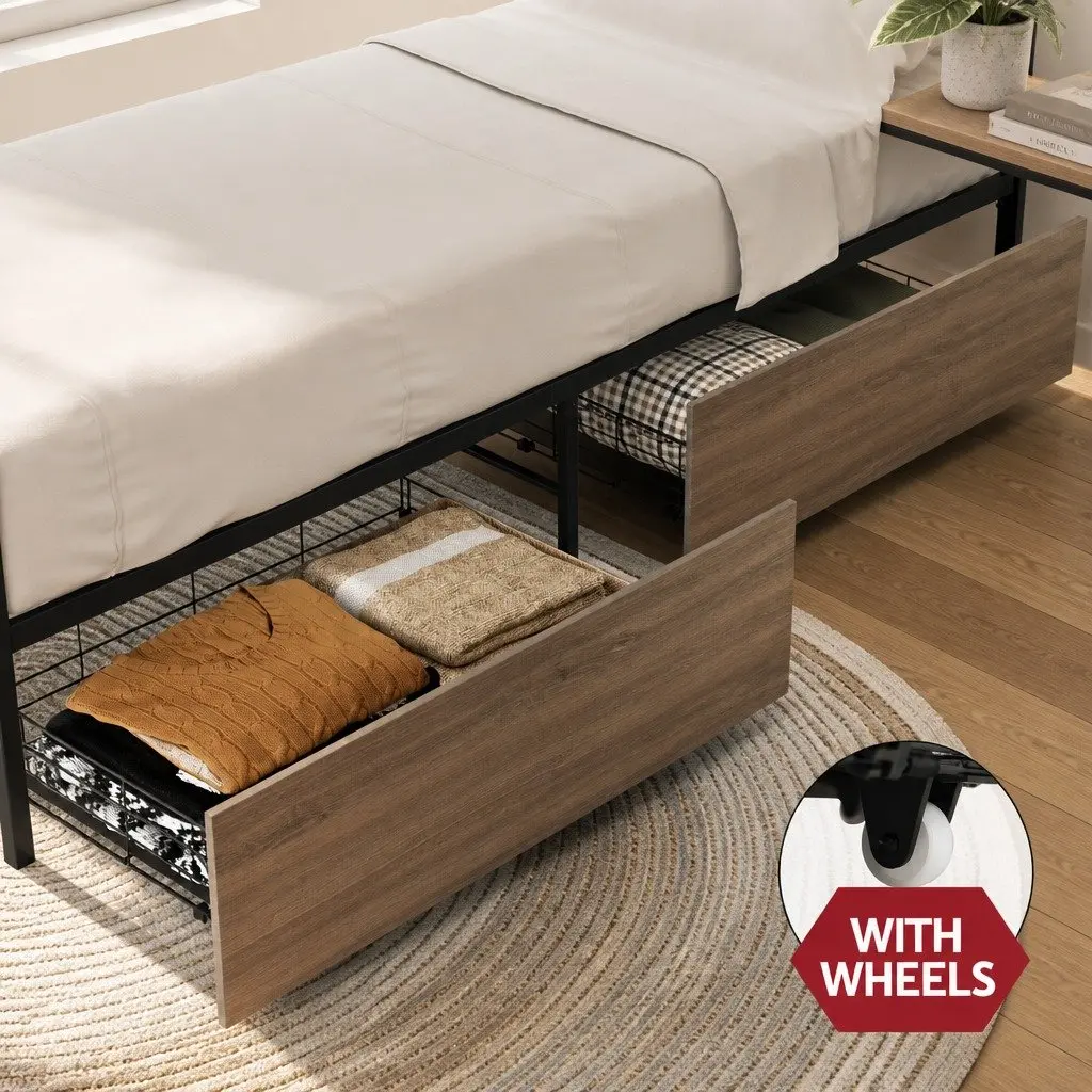 Queen Bed Frame with Metal Storage Drawers