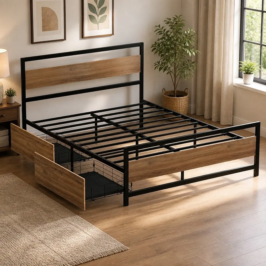 Queen Bed Frame with Metal Storage Drawers