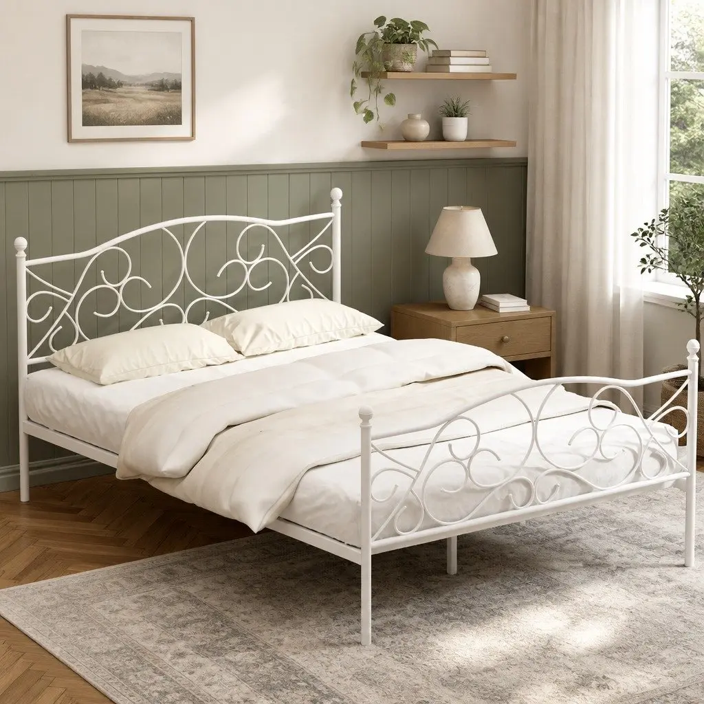 Double Bed Frame Metal White Hollow Out Headboard Storage