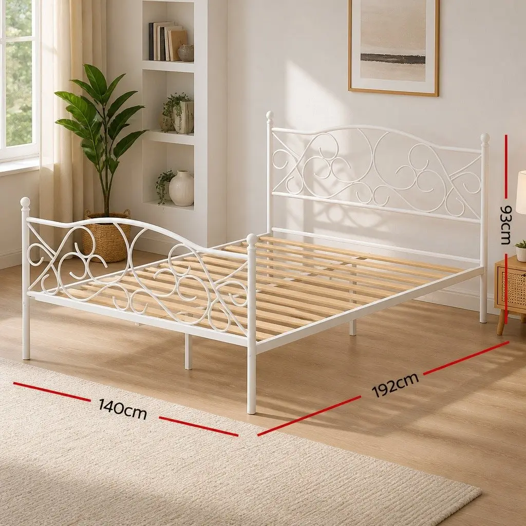 Double Bed Frame Metal White Hollow Out Headboard Storage