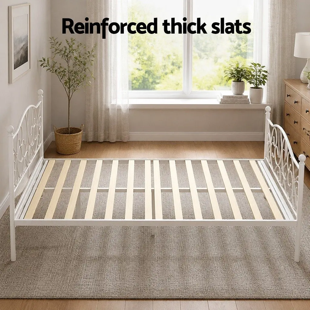 Double Bed Frame Metal White Hollow Out Headboard Storage