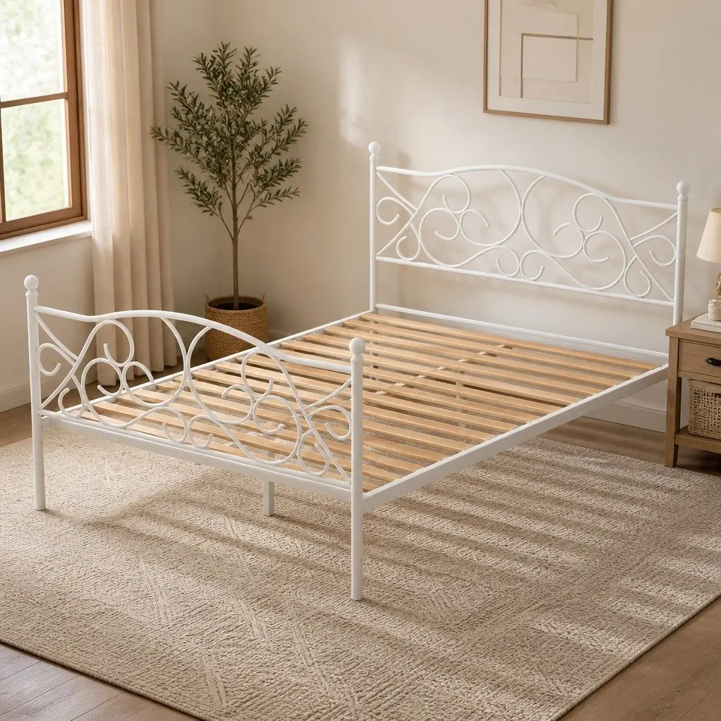 Double Bed Frame Metal White Hollow Out Headboard Storage