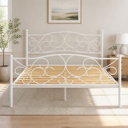 Comfortable Queen Size Metal Bed Frame in White