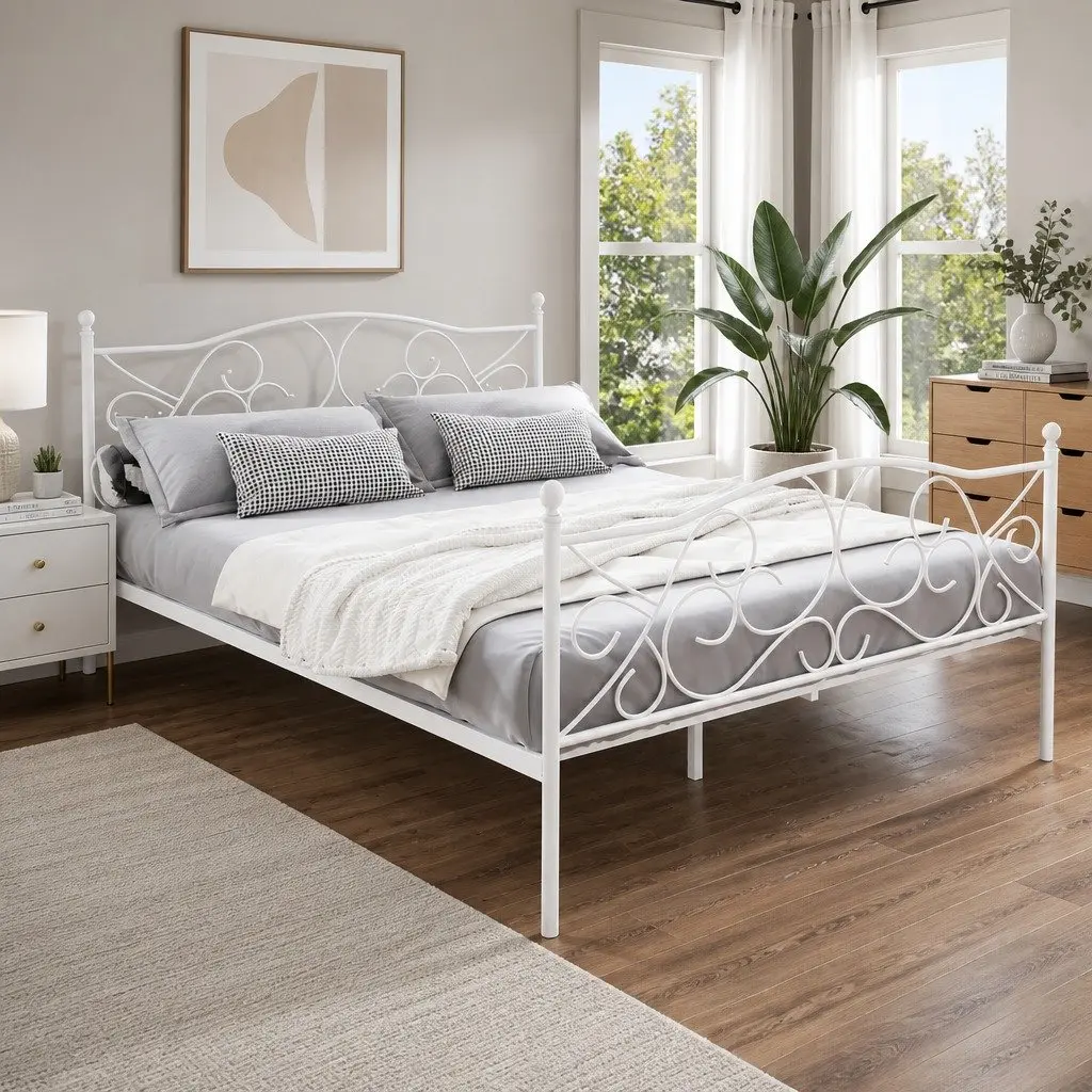 Queen Size Metal Bed Frame in White