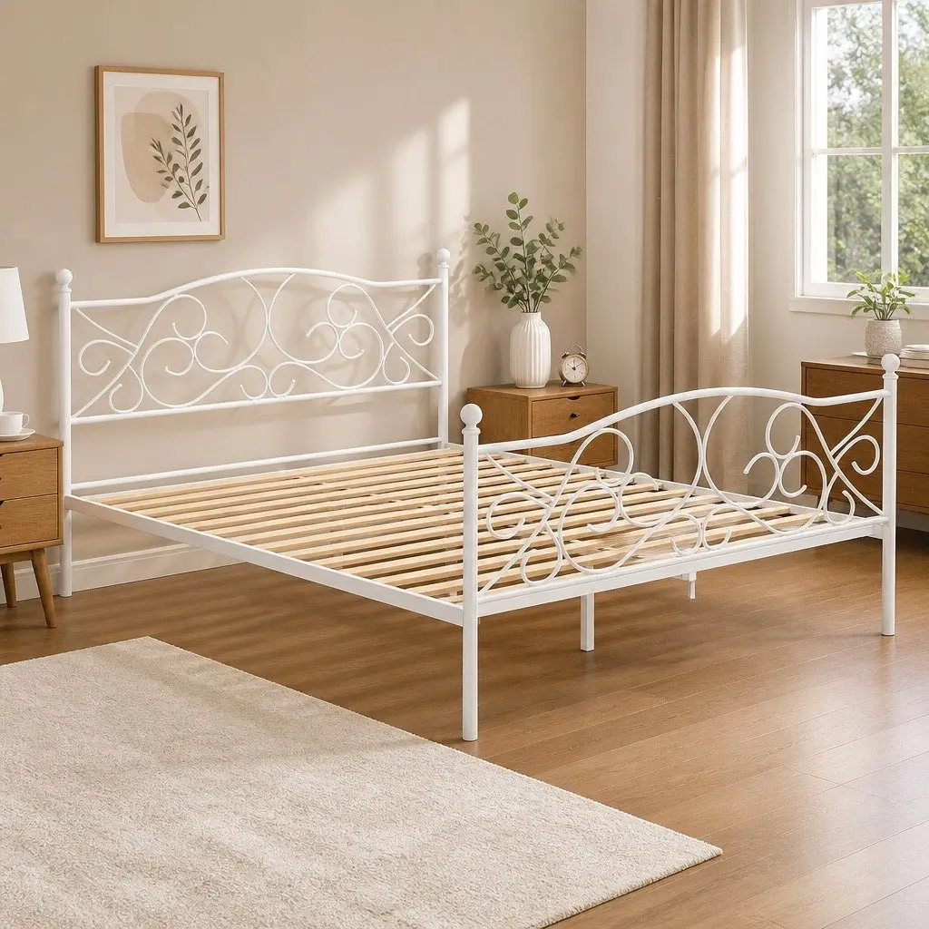 Queen Size Metal Bed Frame in White