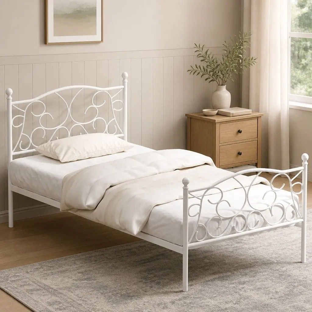 Single Bed Frame White Metal Platform 192 x 94 x 93cm with Storage Space