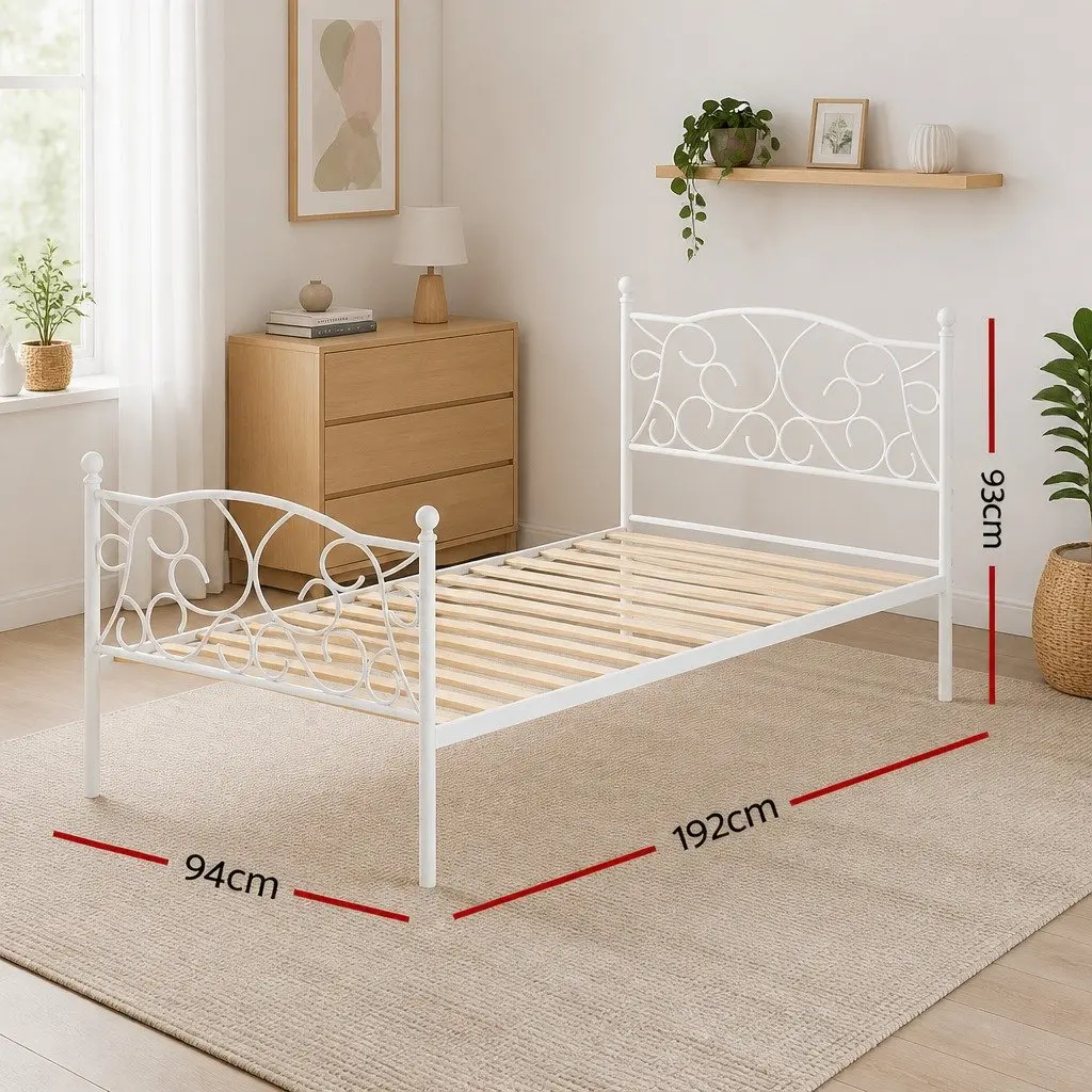 Single Bed Frame White Metal Platform 192 x 94 x 93cm with Storage Space