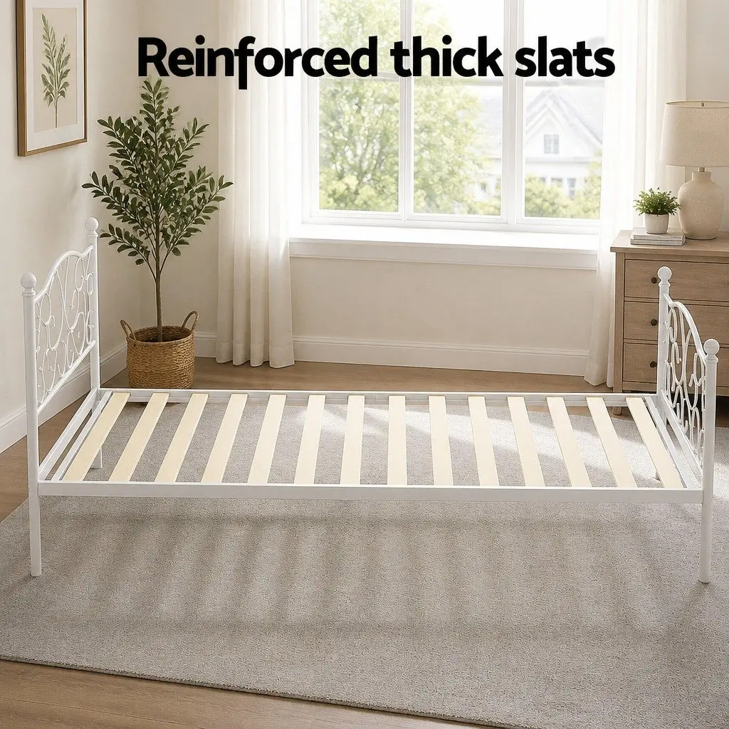 Single Bed Frame White Metal Platform 192 x 94 x 93cm with Storage Space