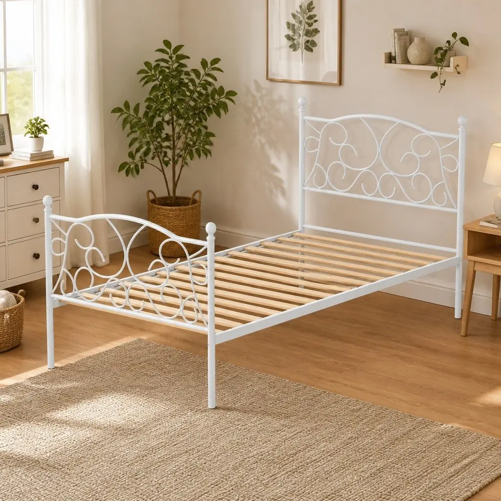 Single Bed Frame White Metal Platform 192 x 94 x 93cm with Storage Space