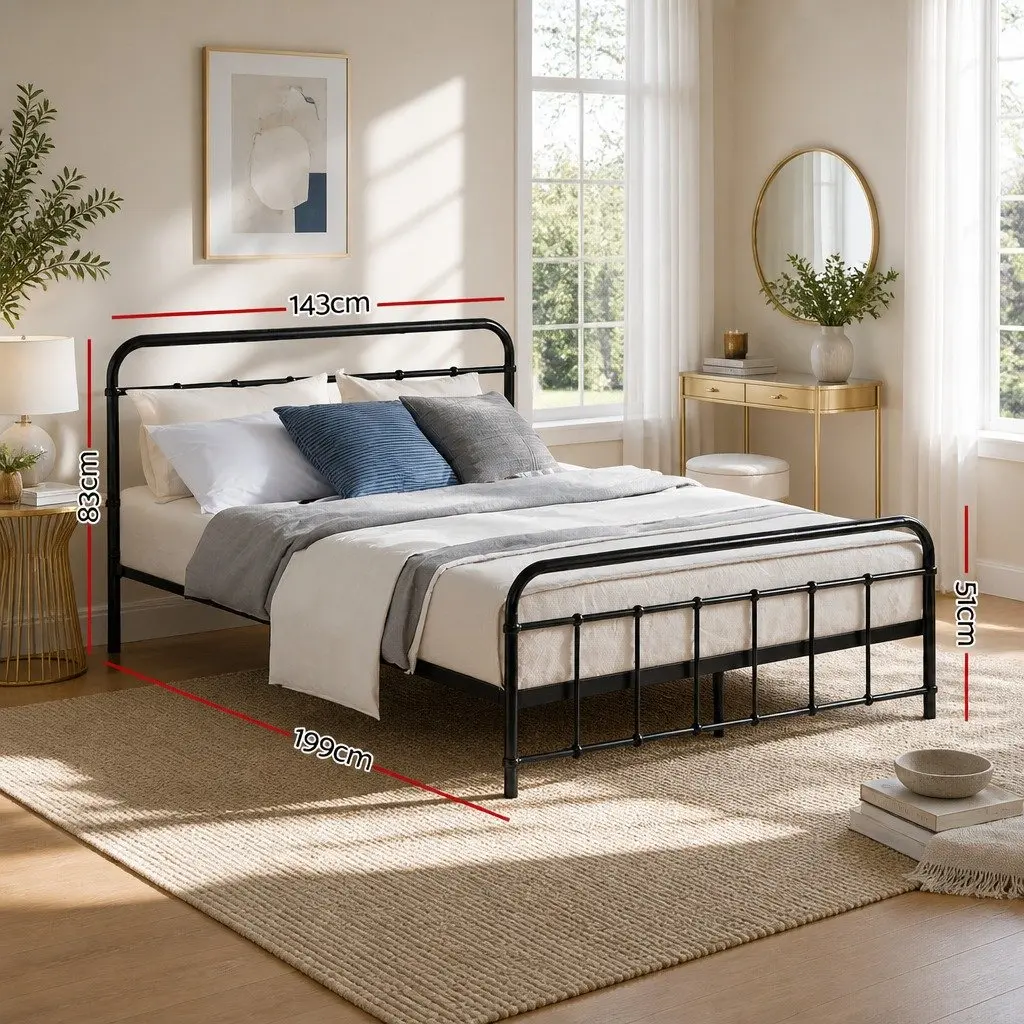 Double Metal Bed Frame Country Style Black Powder-coated Steel for Standard Double Mattress