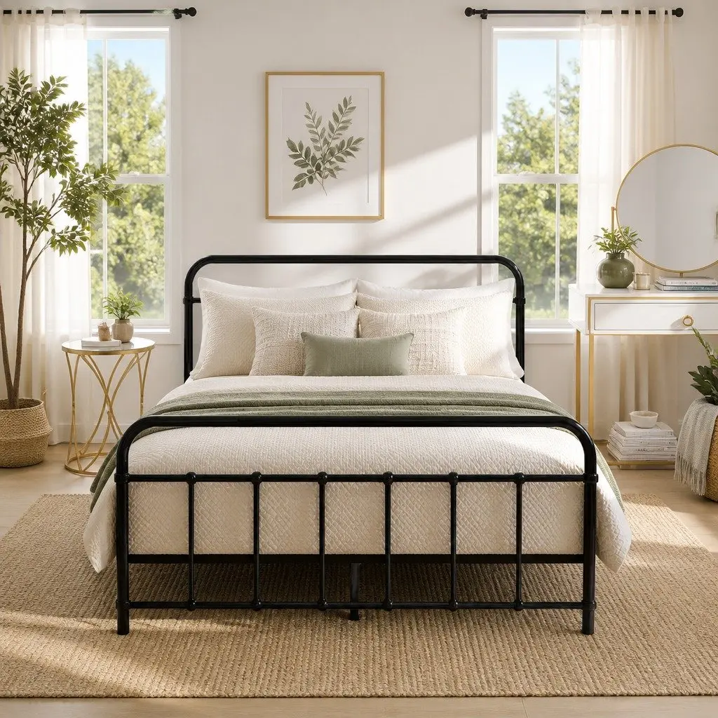 Double Metal Bed Frame Country Style Black Powder-coated Steel for Standard Double Mattress