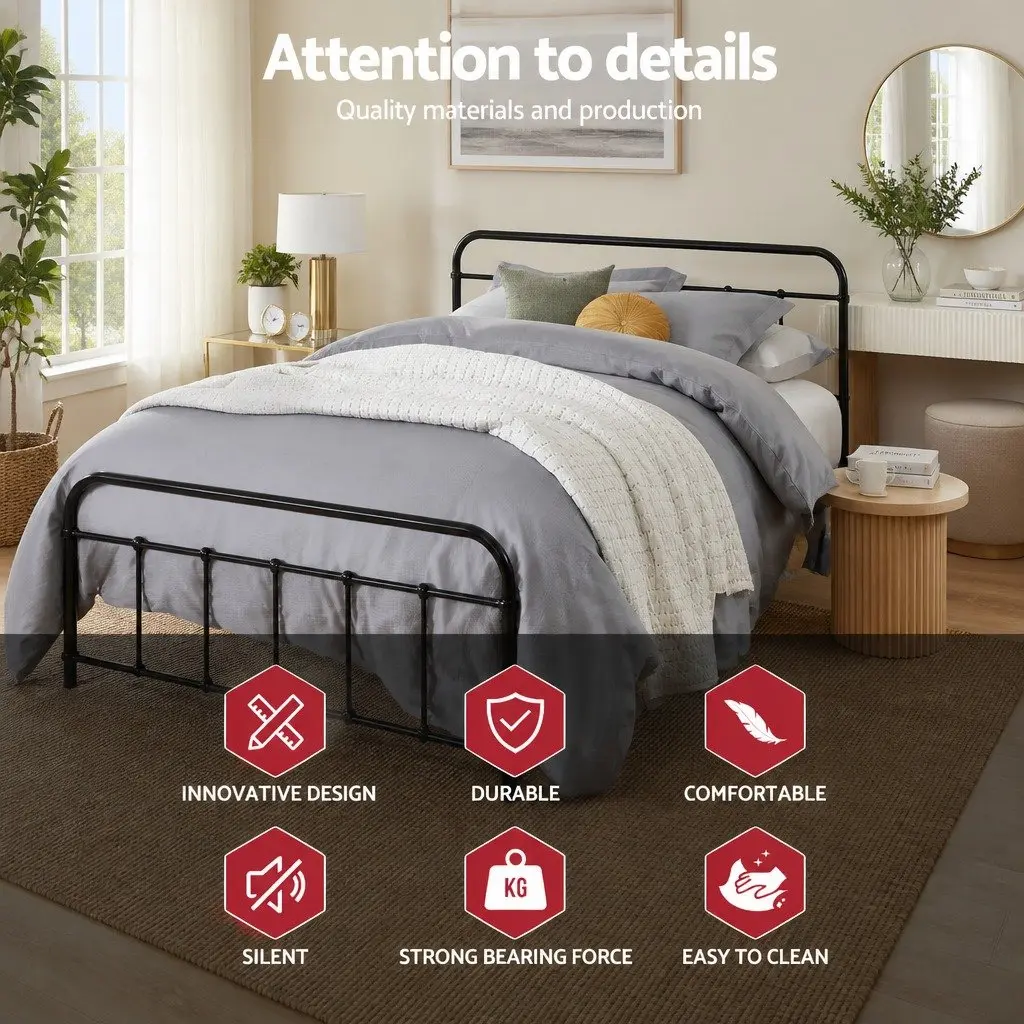 Double Metal Bed Frame Country Style Black Powder-coated Steel for Standard Double Mattress