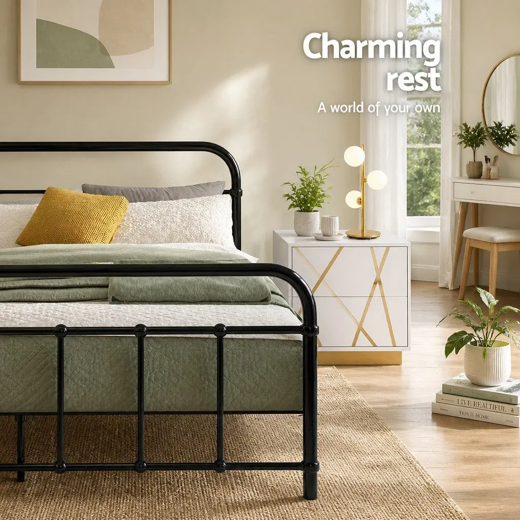 Double Metal Bed Frame Country Style Black Powder-coated Steel for Standard Double Mattress