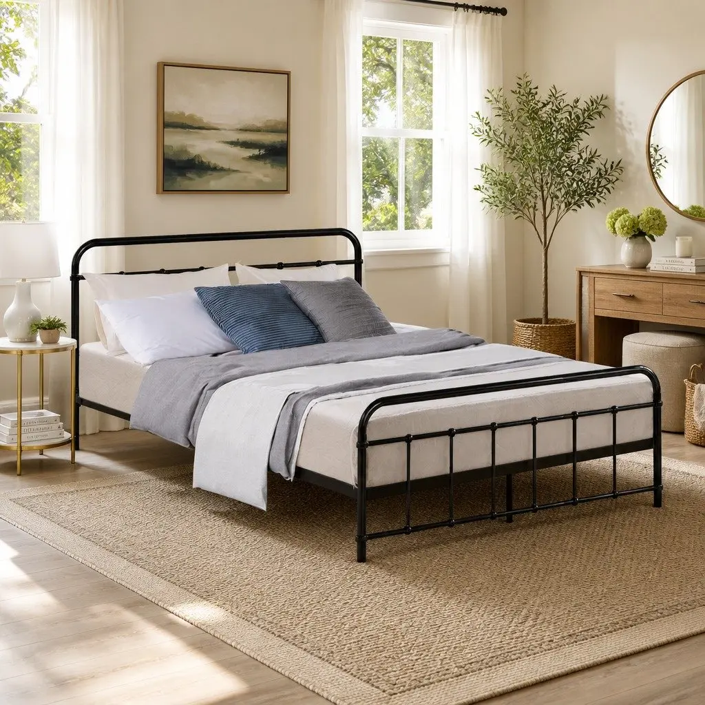 Double Metal Bed Frame Country Style Black Powder-coated Steel for Standard Double Mattress