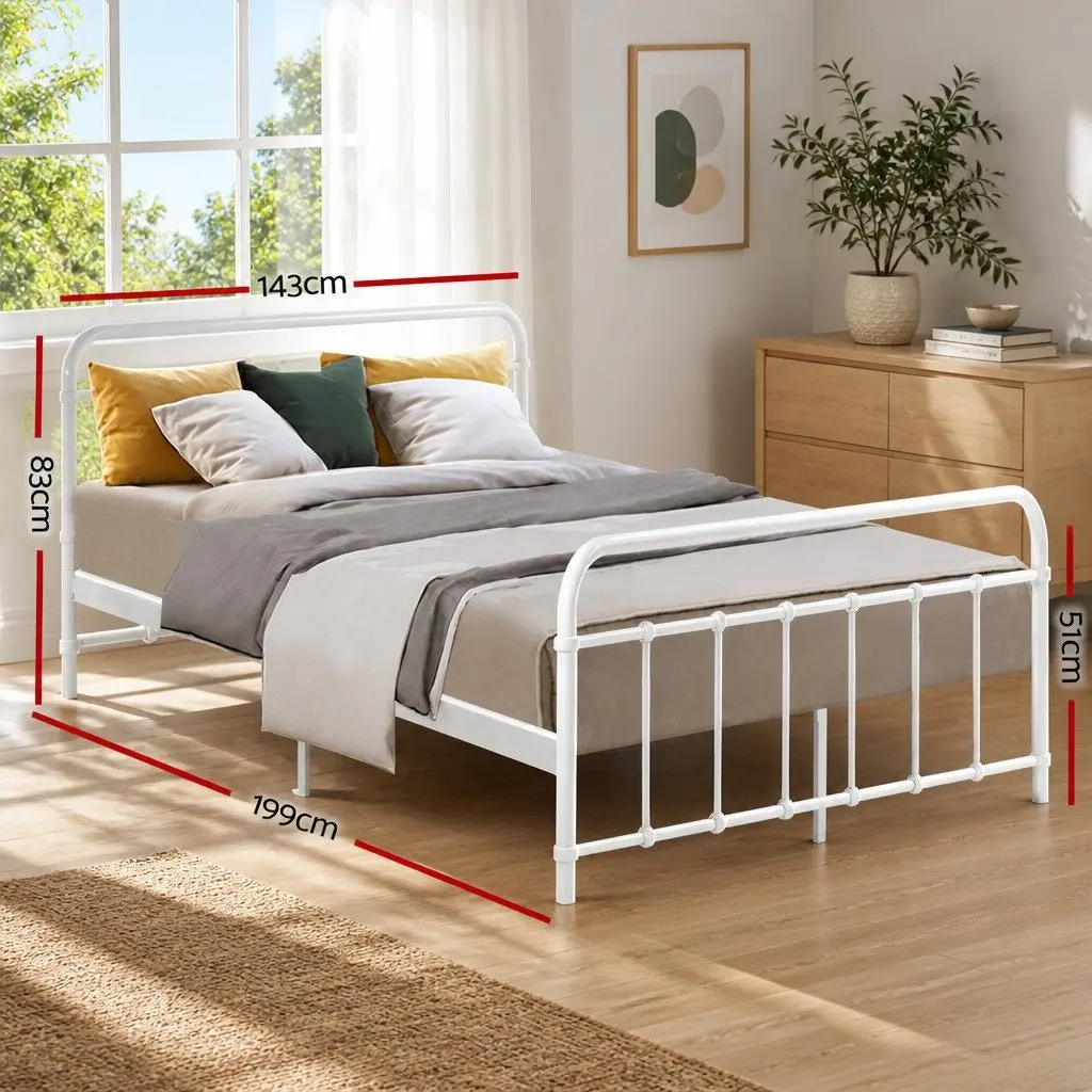 Double Metal Bed Frame Country Style Bedroom Furniture White Steel Slat Base