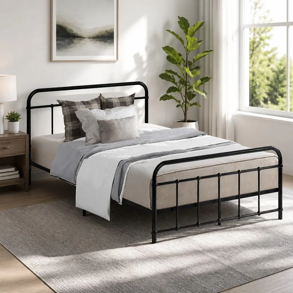 Metal Bed Frame Country-Style King Single Black Powder-Coated Steel Slat Base Storage