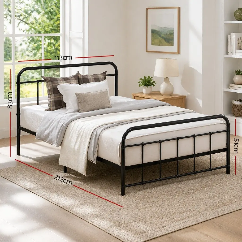 Metal Bed Frame Country-Style King Single Black Powder-Coated Steel Slat Base Storage