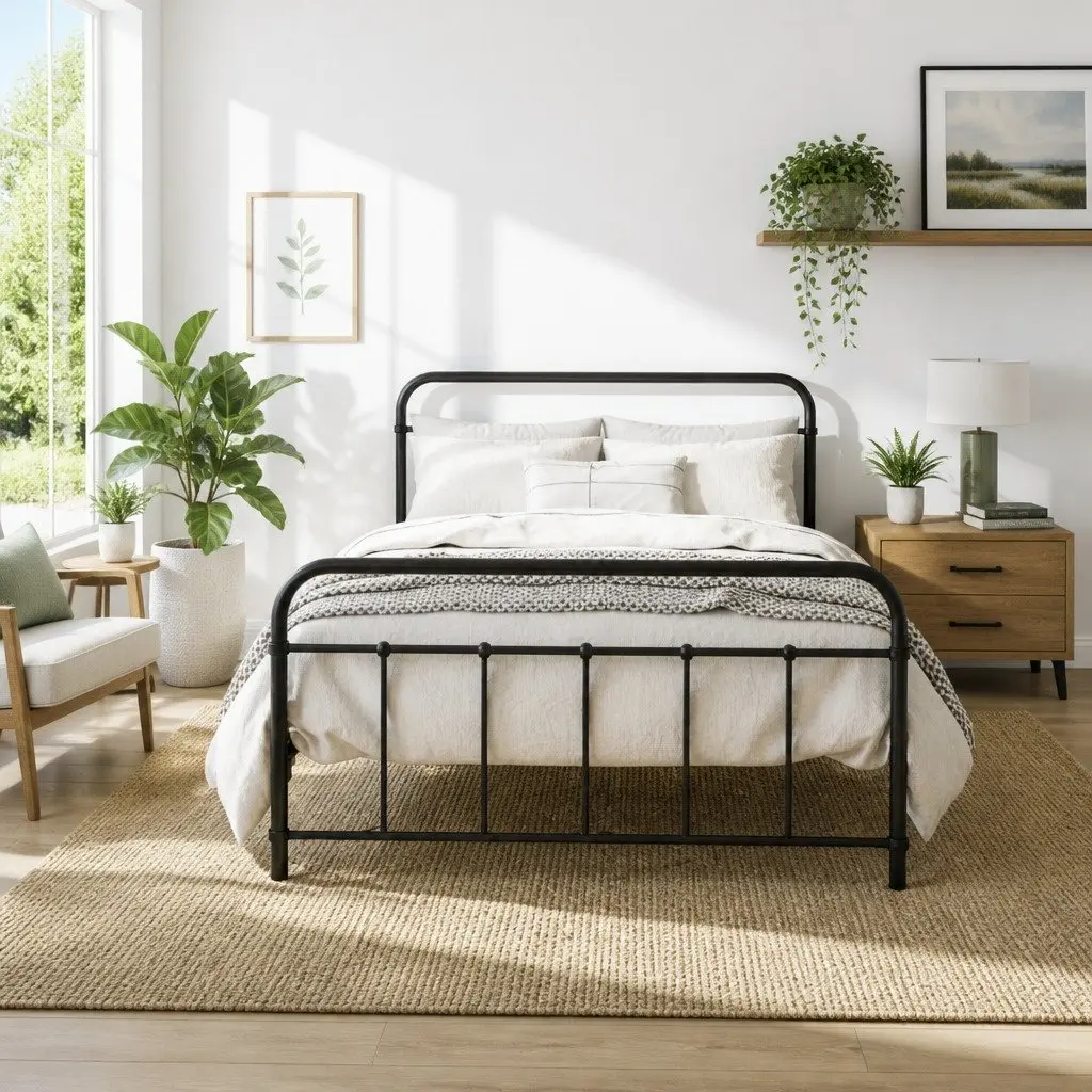 Metal Bed Frame Country-Style King Single Black Powder-Coated Steel Slat Base Storage