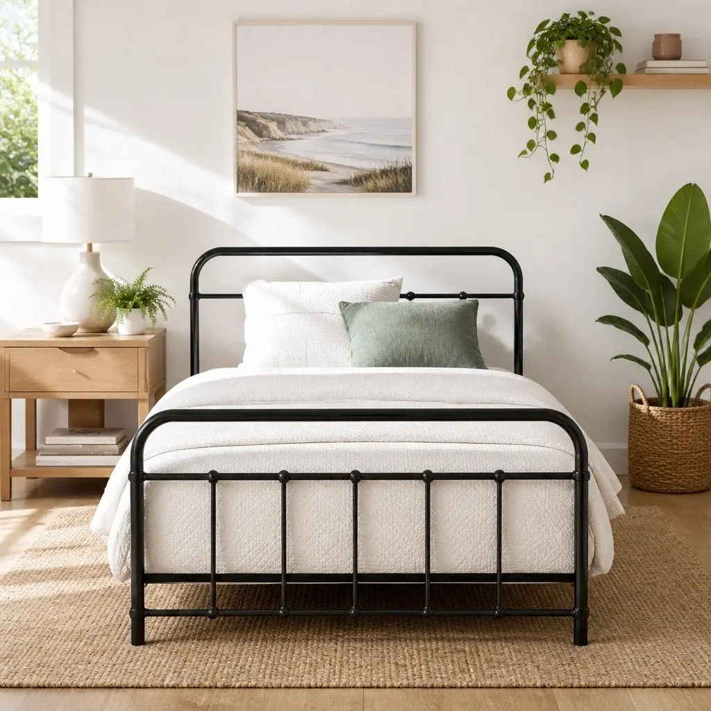 Metal Bed Frame Country-Style King Single Black Powder-Coated Steel Slat Base Storage