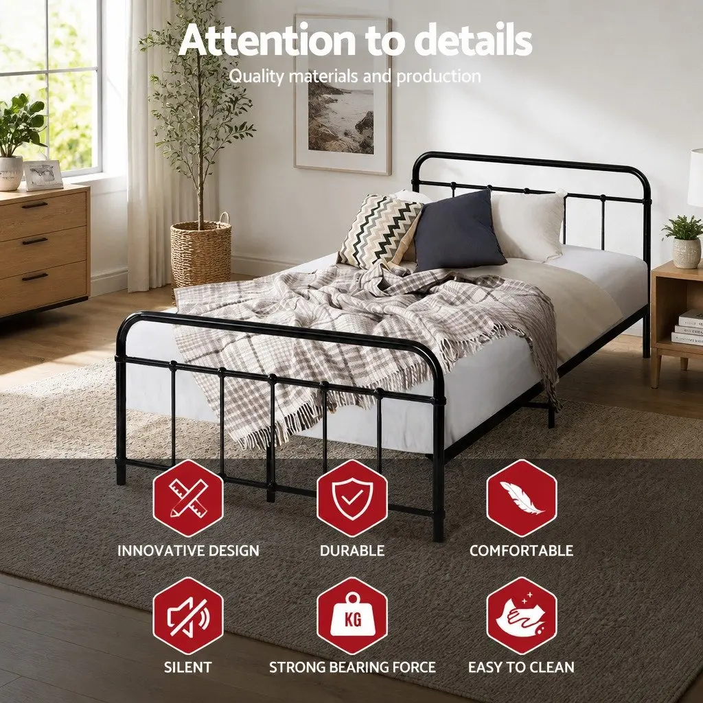 Metal Bed Frame Country-Style King Single Black Powder-Coated Steel Slat Base Storage