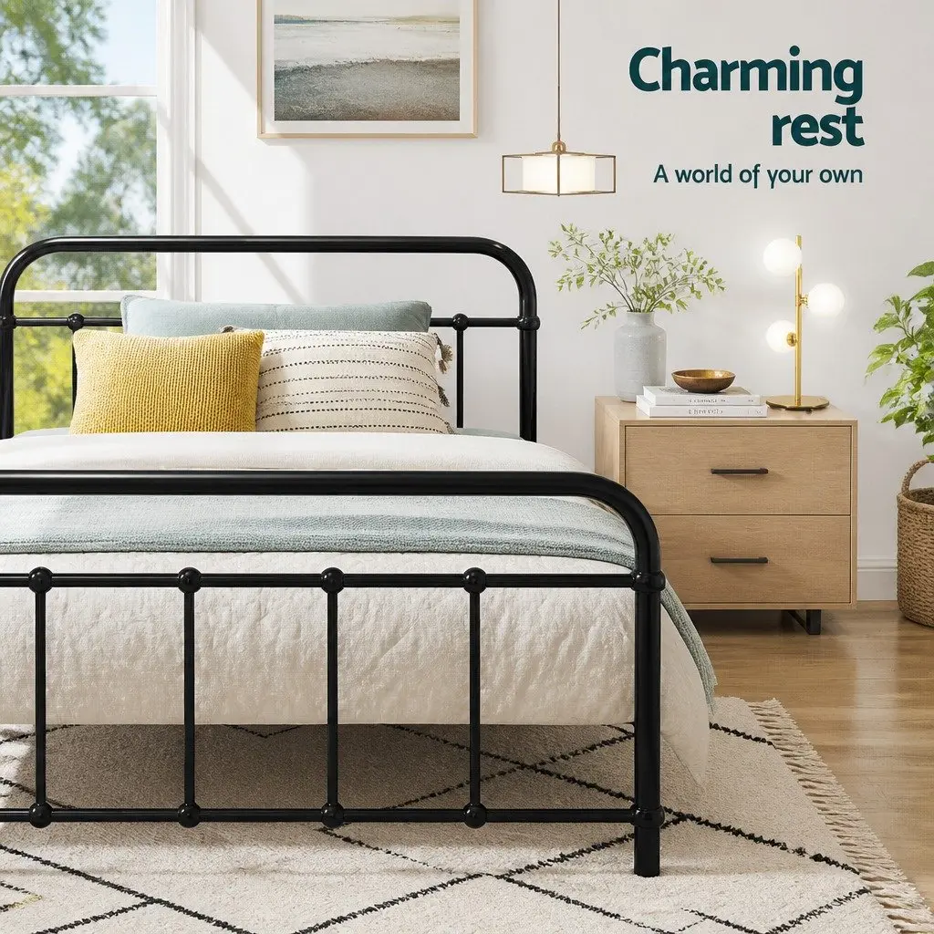 Metal Bed Frame Country-Style King Single Black Powder-Coated Steel Slat Base Storage