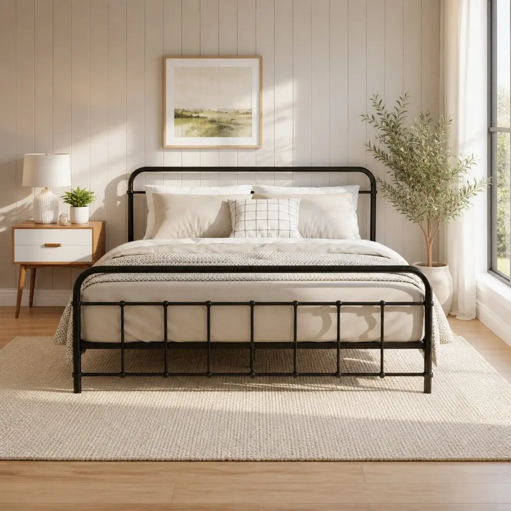 Country Style Queen Metal Bed Frame with Storage