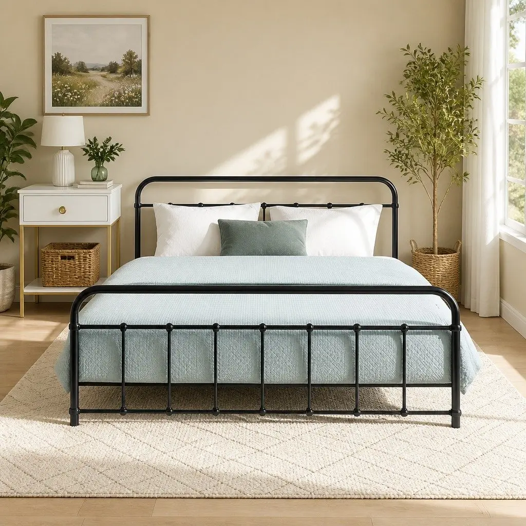 Country Style Queen Metal Bed Frame with Storage