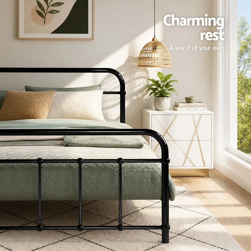 Country Style Queen Metal Bed Frame with Storage