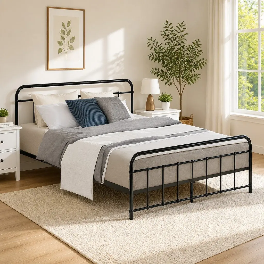 Country Style Queen Metal Bed Frame with Storage