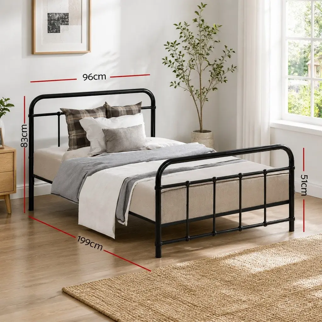 Single Metal Bed Frame Black Country Style Steel Bedroom Furniture Storage