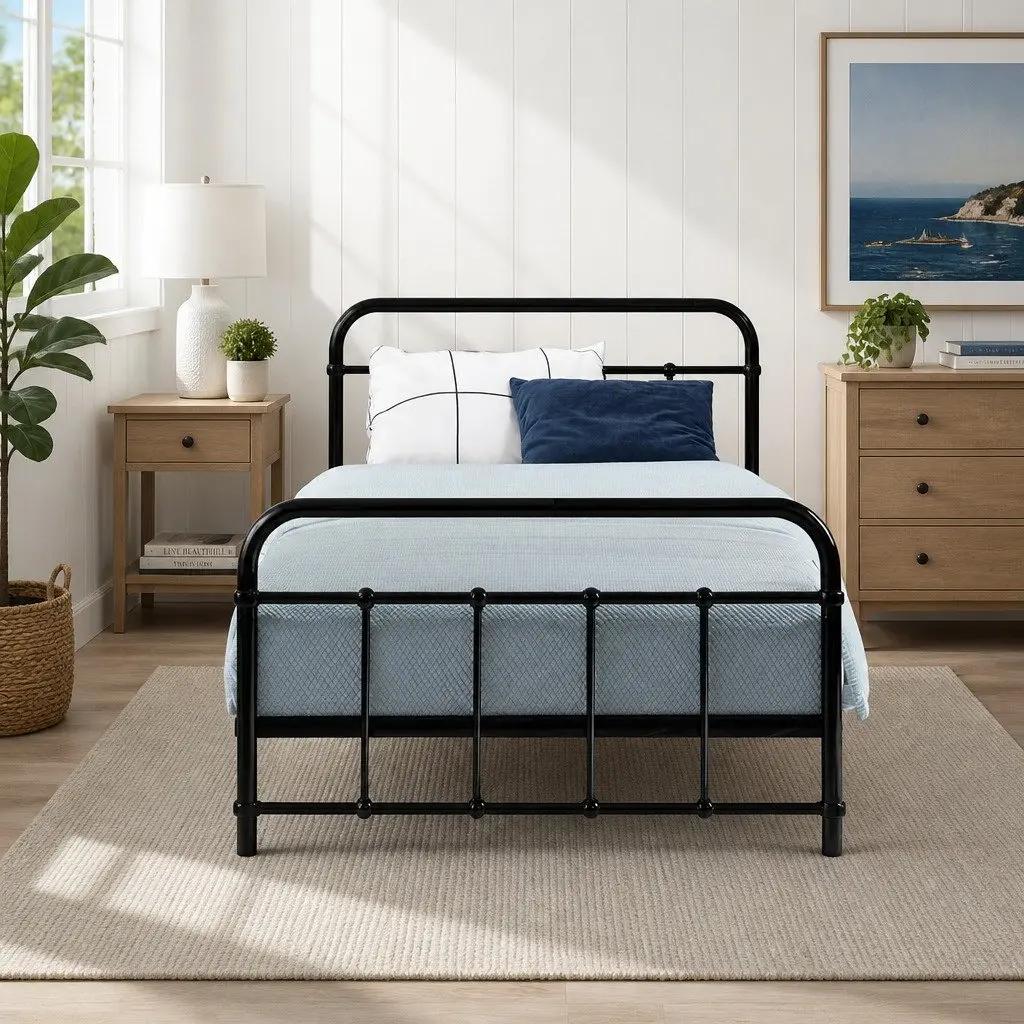 Single Metal Bed Frame Black Country Style Steel Bedroom Furniture Storage