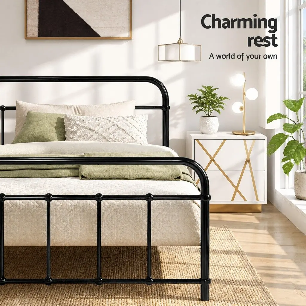 Single Metal Bed Frame Black Country Style Steel Bedroom Furniture Storage
